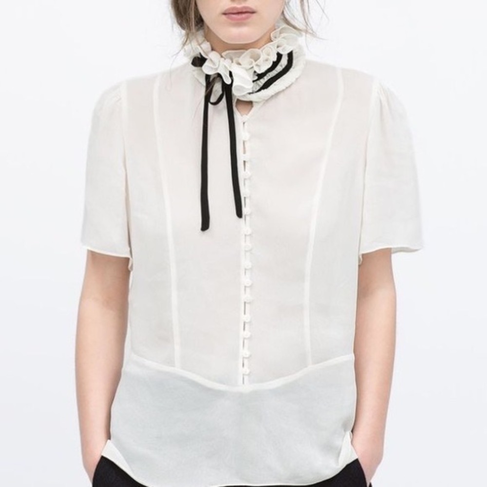 ZARA High Neck Tie Accent Sheer Button Up Shirt